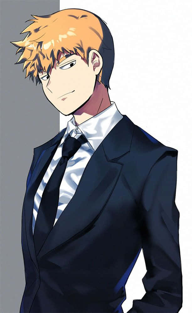 Arataka Reigen, spiky orange hair, black suit, SD Phone Wallpaper