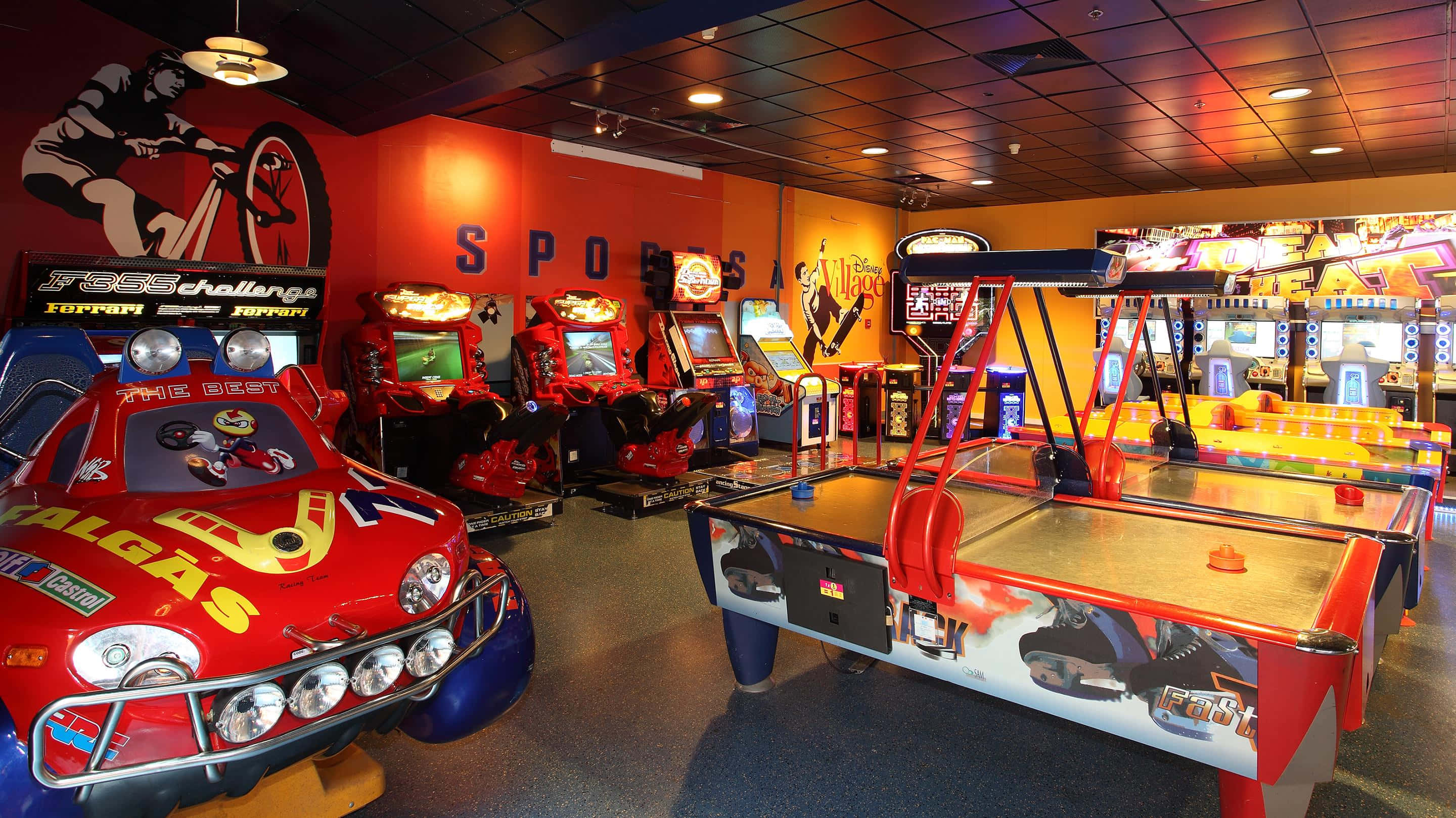 Arcade Games, red racing games, air hockey tables, 2K Desktop Wallpaper