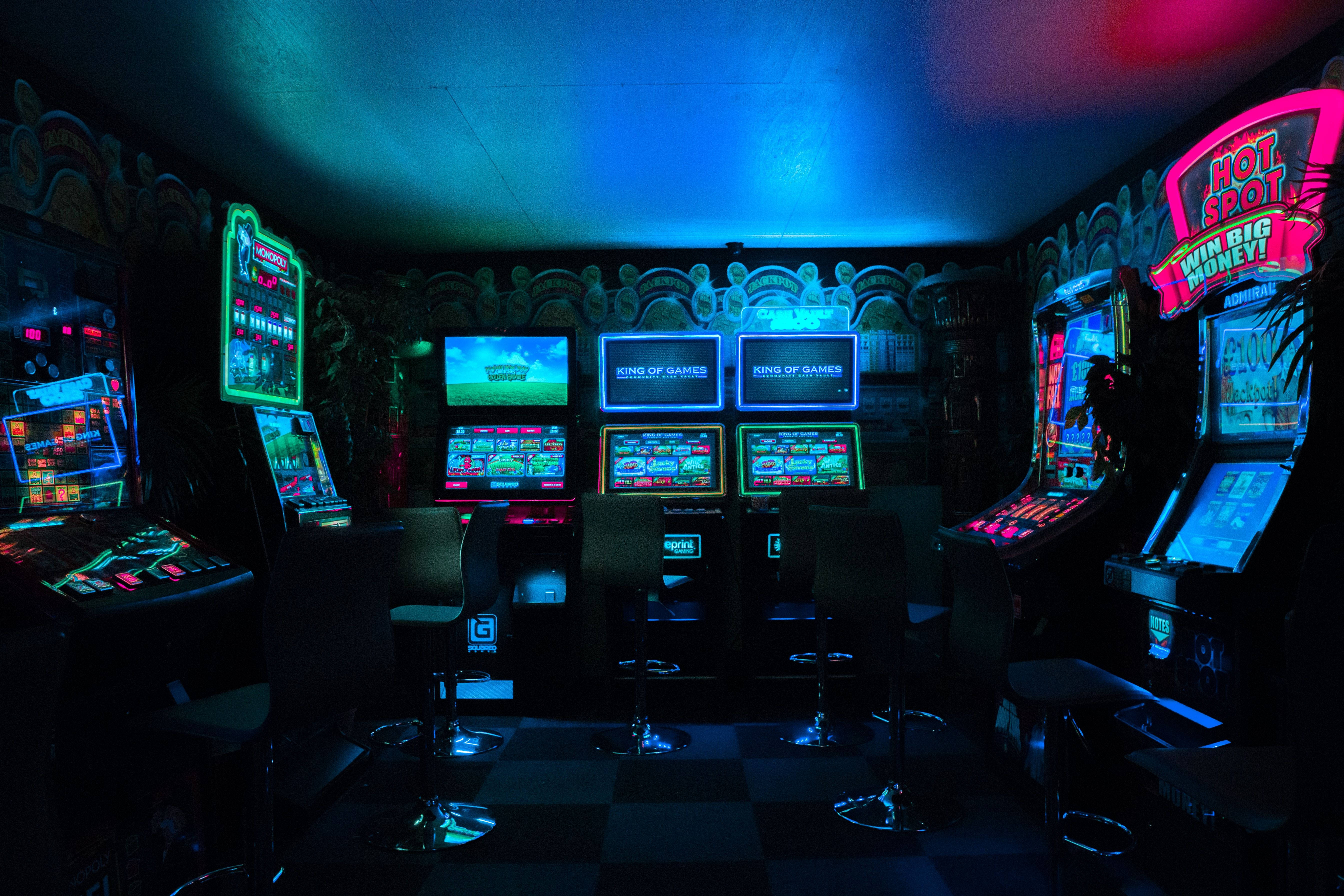 arcade room, neon lights, vintage slot machines, 5K Desktop Wallpaper