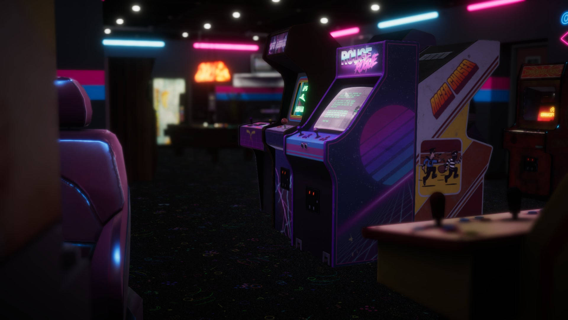 arcade, neon-lit arcade machines, retro gaming hall, Full HD Desktop Wallpaper
