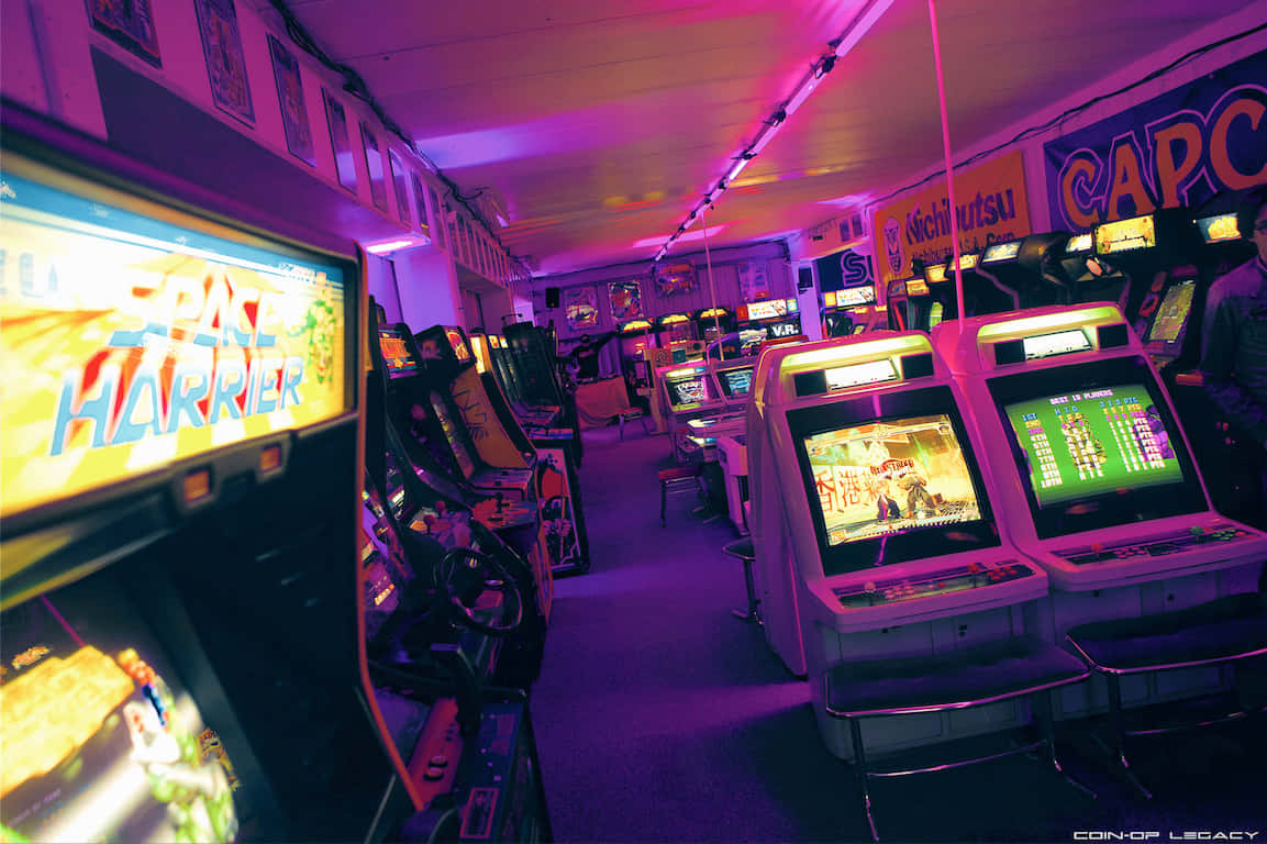 arcade, neon-lit, vintage game machines, SD Desktop Wallpaper