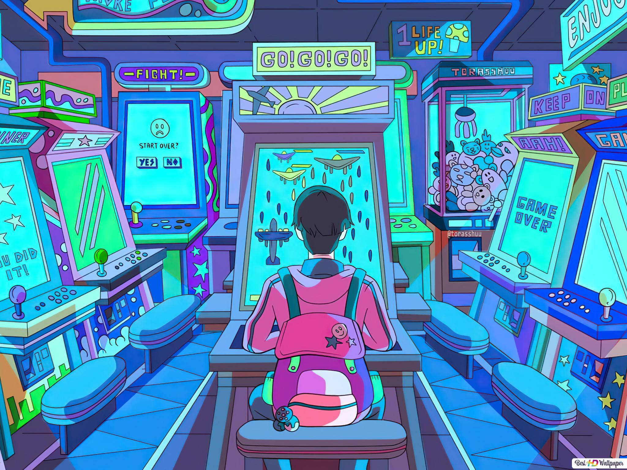 arcade, glowing arcade game, colorful retro machines, Full HD Desktop Wallpaper