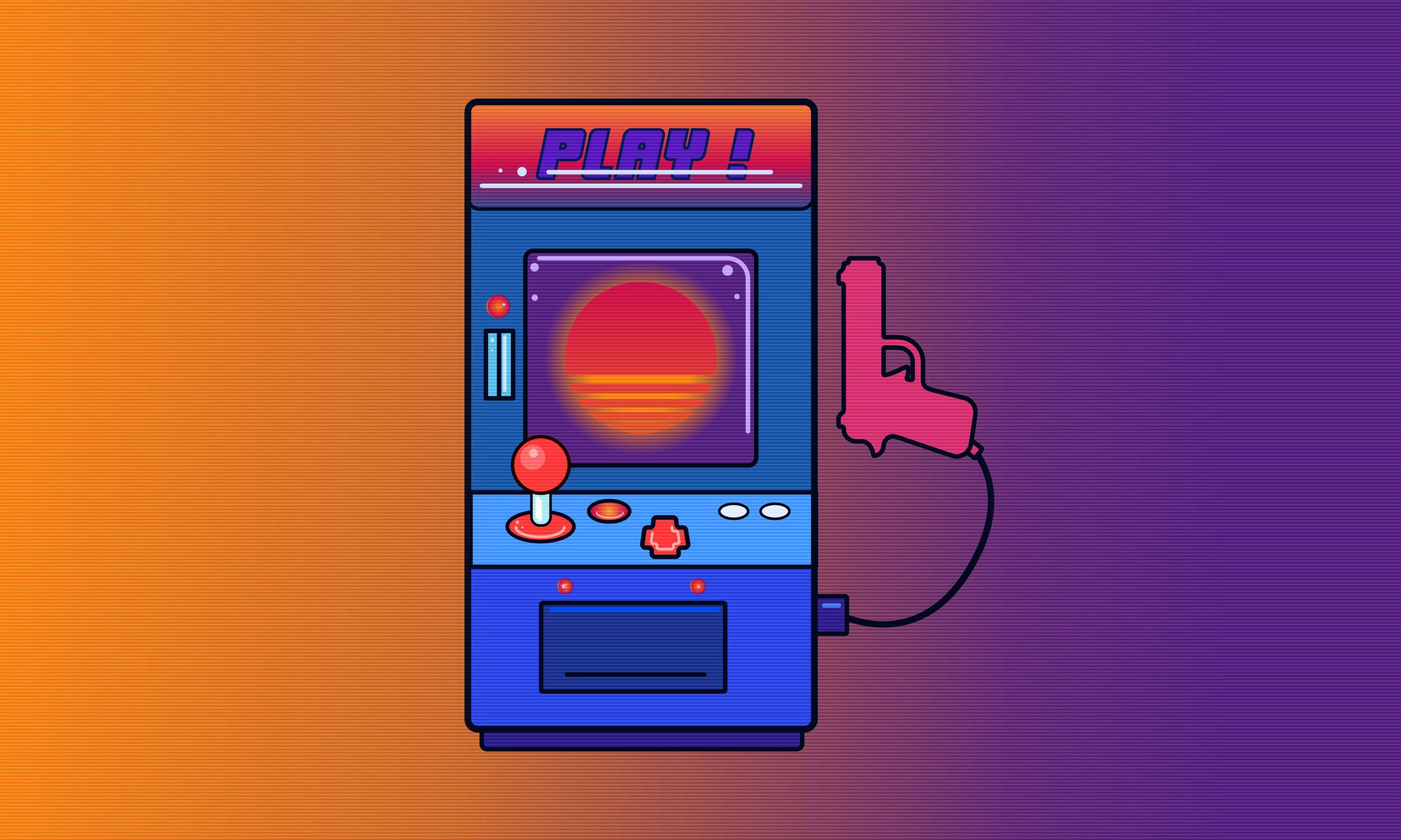 Arcade, retro arcade machine, sunset display, 2K Desktop Wallpaper