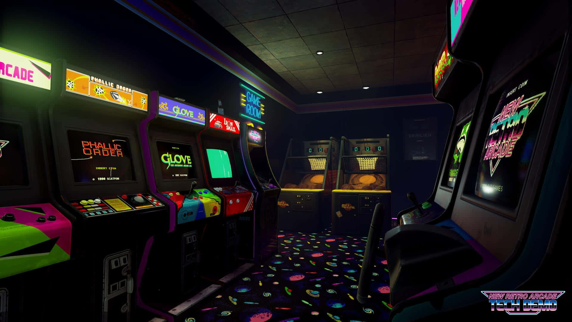 retro arcade room, neon signs, colorful game cabinets, Full HD Desktop Wallpaper