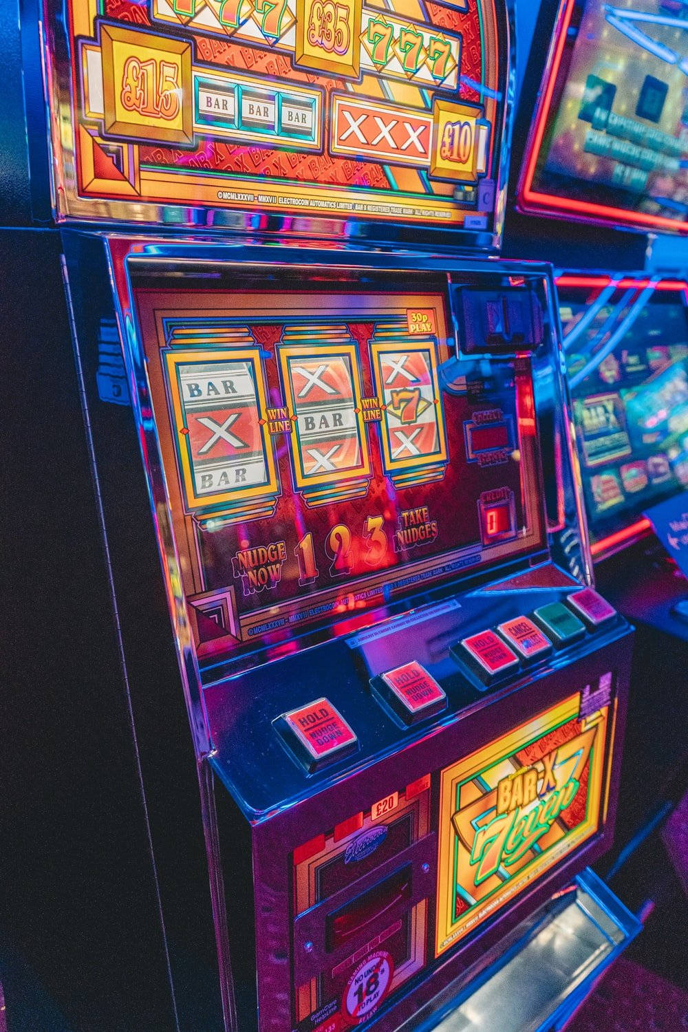Arcade, neon-lit slot machines, flashing lights, HD Phone Wallpaper