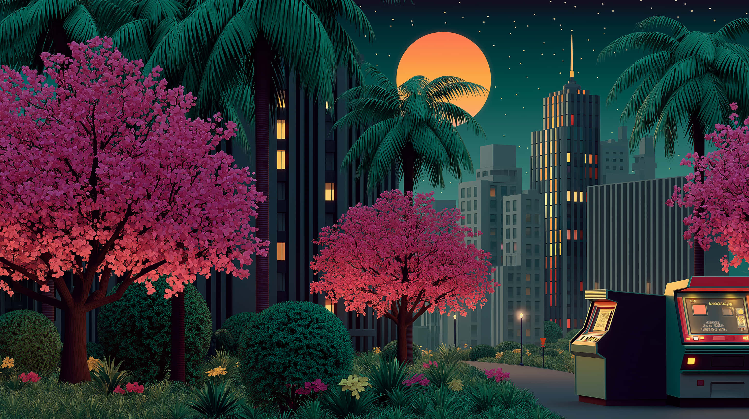 pink cherry trees, glowing slot machines, giant orange moon, 2K Desktop Wallpaper