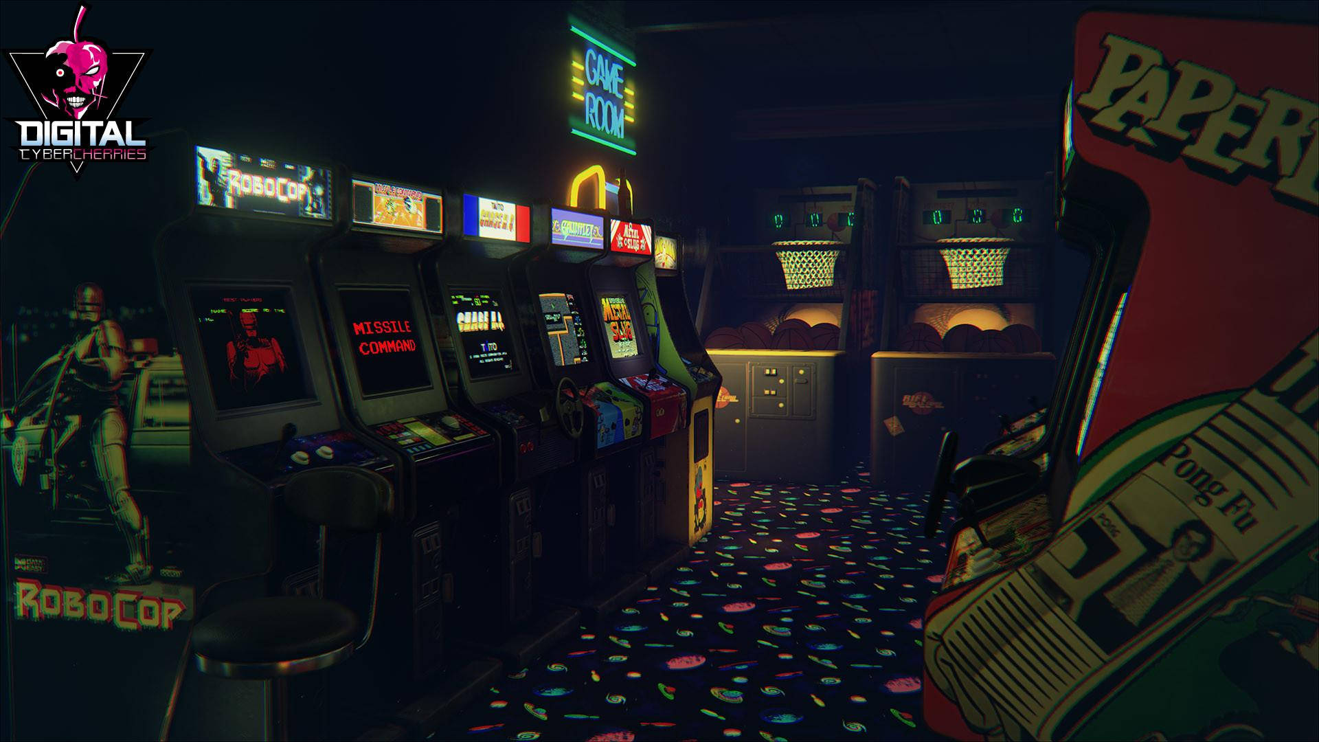 Arcade, neon signs, colorful game cabinets, Full HD Desktop Wallpaper