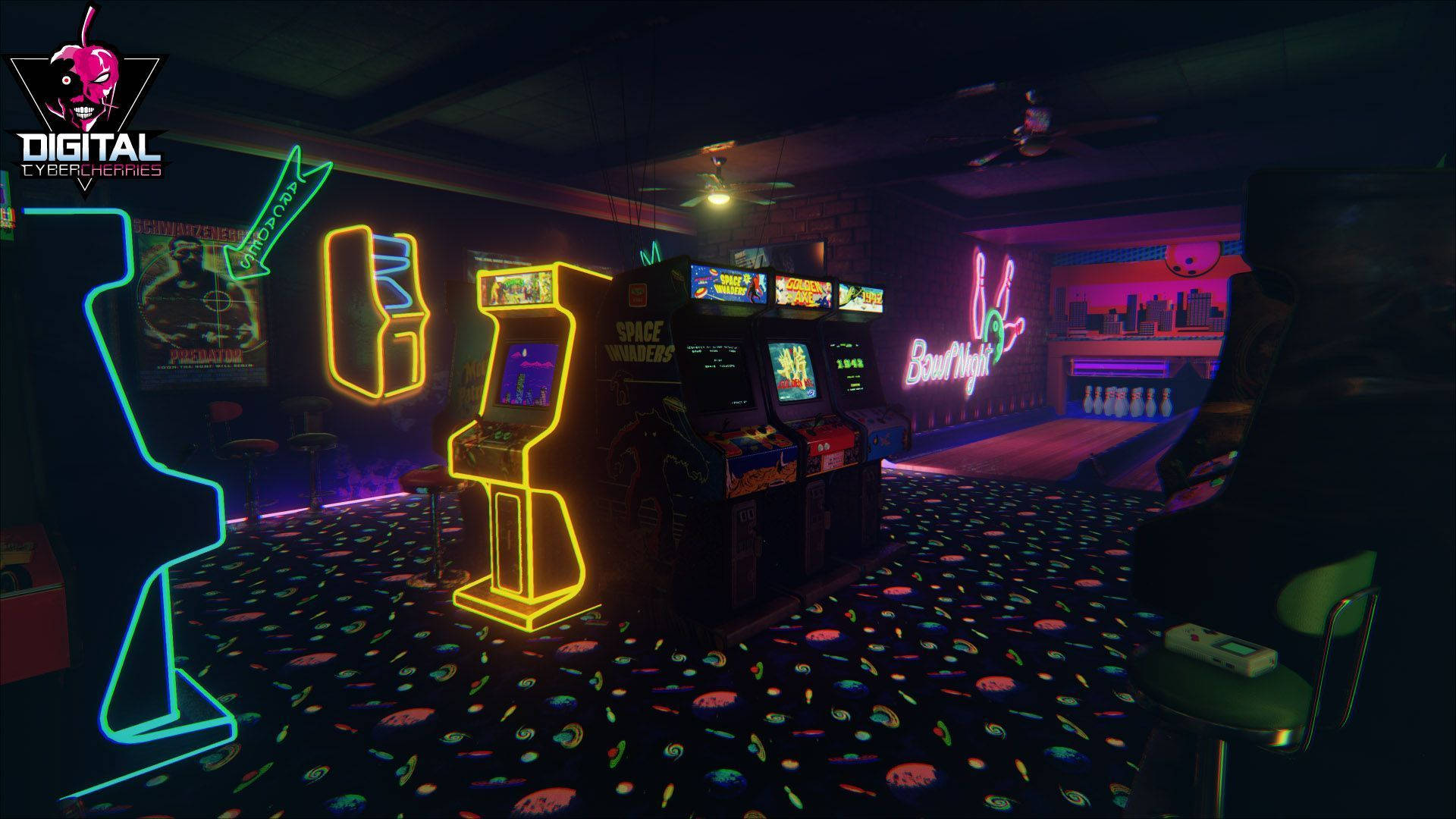 Arcade, Neon-lit, glowing cabinets, Full HD Desktop Wallpaper