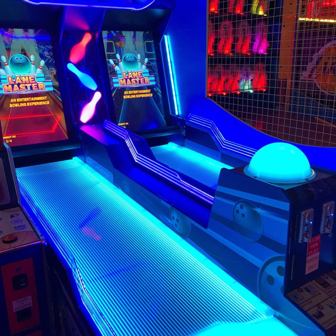 neon blue, arcade bowling alley, glowing lanes, HD Desktop Wallpaper