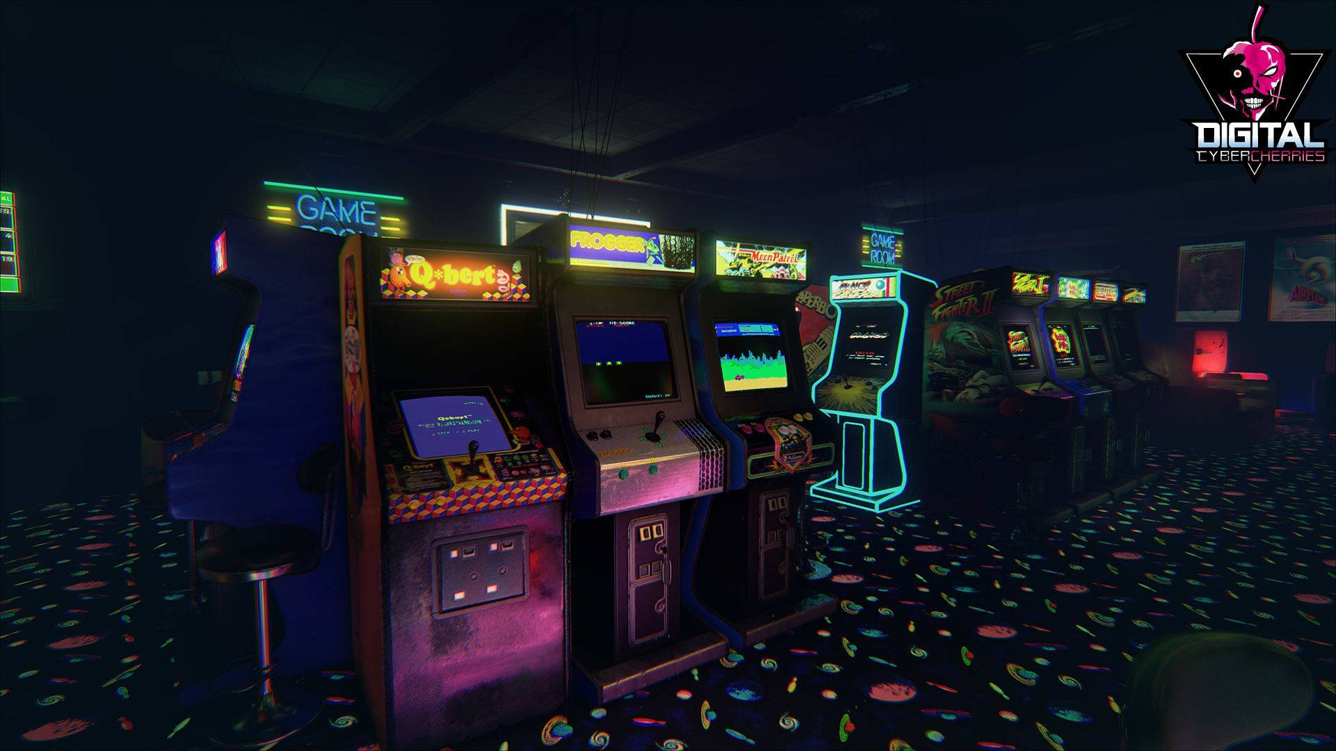 Arcade, Neon-lit arcade machines, Retro gaming hall, Full HD Desktop Wallpaper
