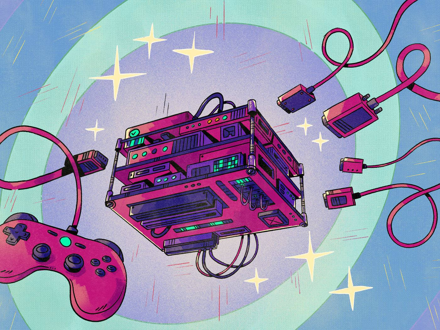 arcade, vibrant pink gaming console, glowing stars, HD Desktop Wallpaper