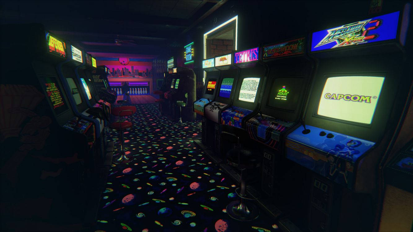 arcade, retro arcade, glowing cabinets, HD Desktop Wallpaper