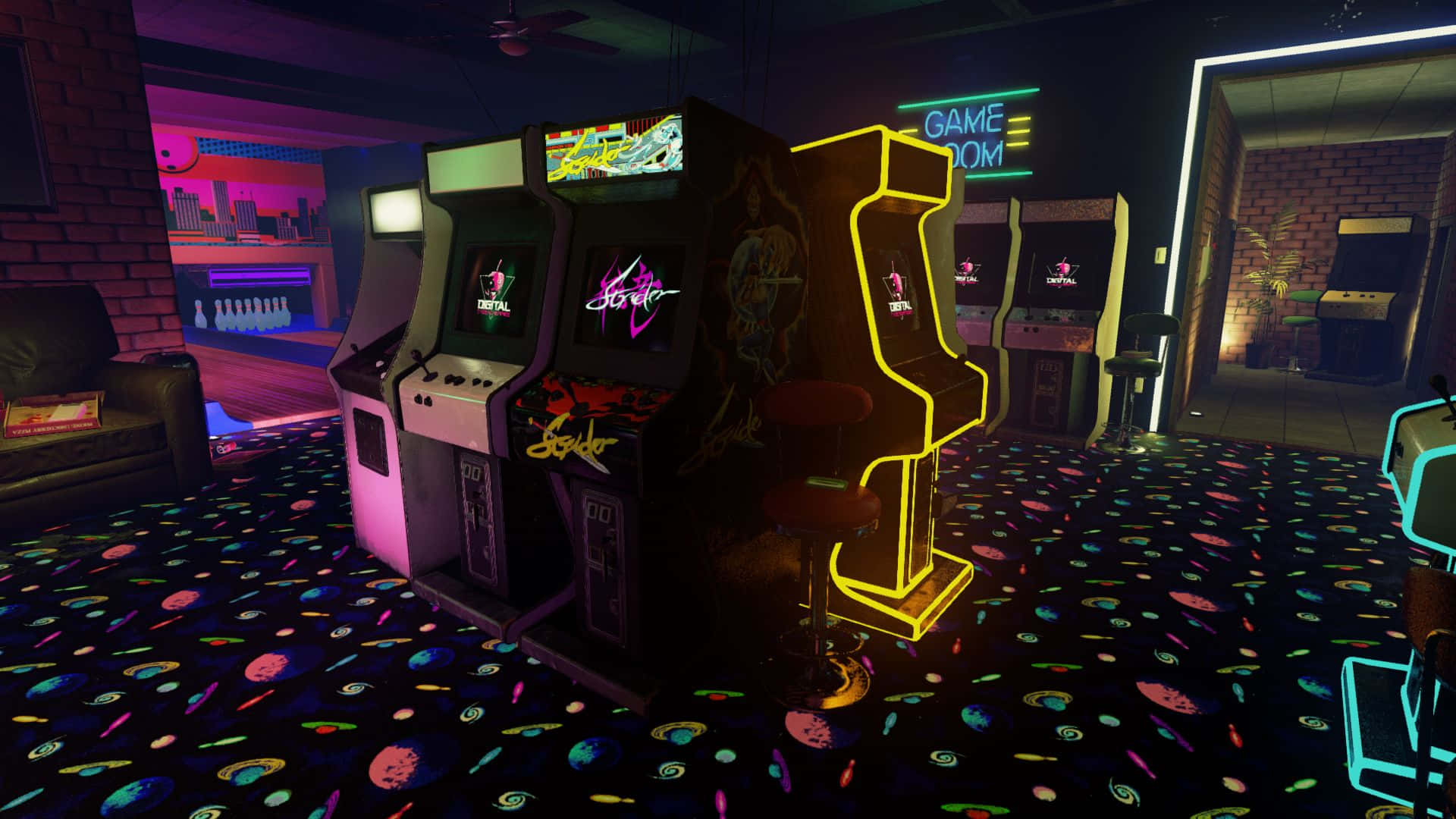 80s retro arcade, neon lights, retro arcade machines, Full HD Desktop Wallpaper