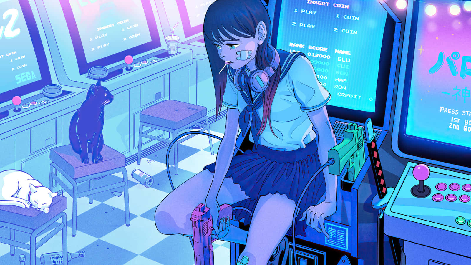 anime girl, headphones, glowing arcade machine, HD Desktop Wallpaper