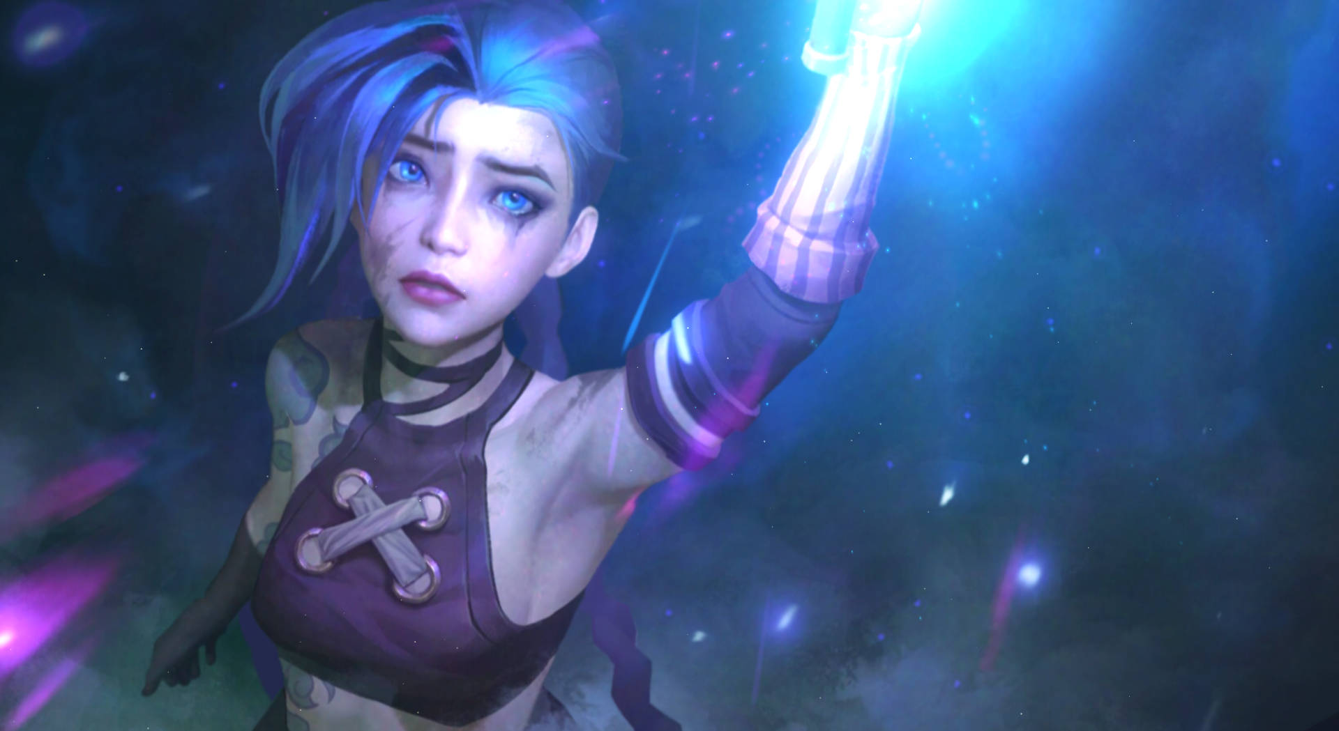 Arcane League Of Legends, blue-haired anime girl, glowing arm, Full HD Desktop Wallpaper