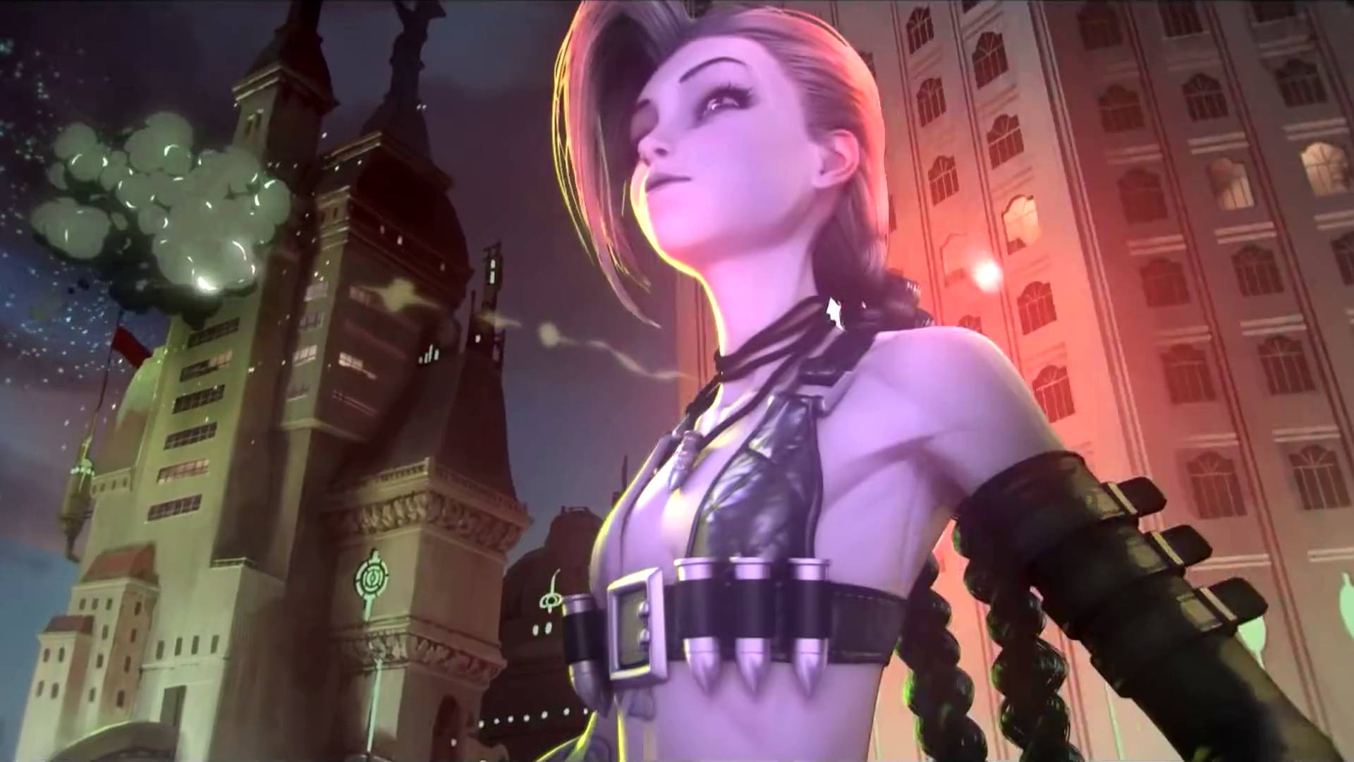 Arcane League Of Legends, city at night, pink hair, Full HD Desktop Wallpaper