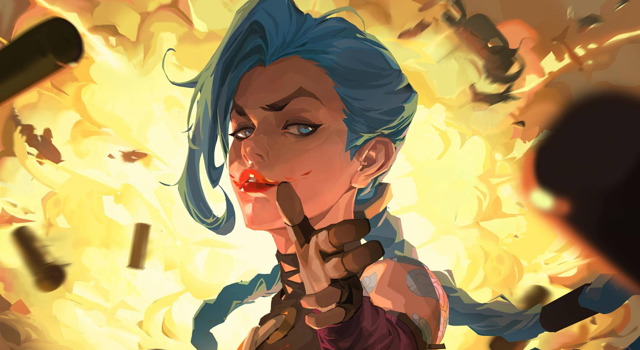 Arcane League Of Legends, blue-haired anime girl, gun, Full HD Desktop Wallpaper
