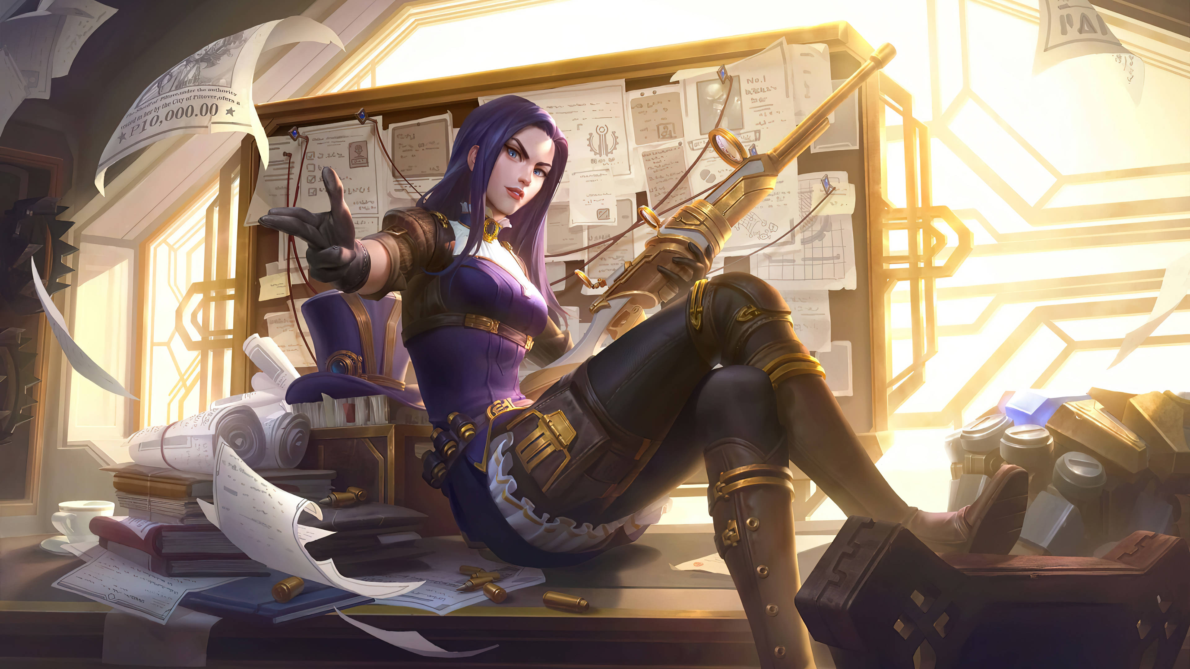 Arcane League Of Legends, purple-haired anime woman, detective's office, 4K Desktop Wallpaper