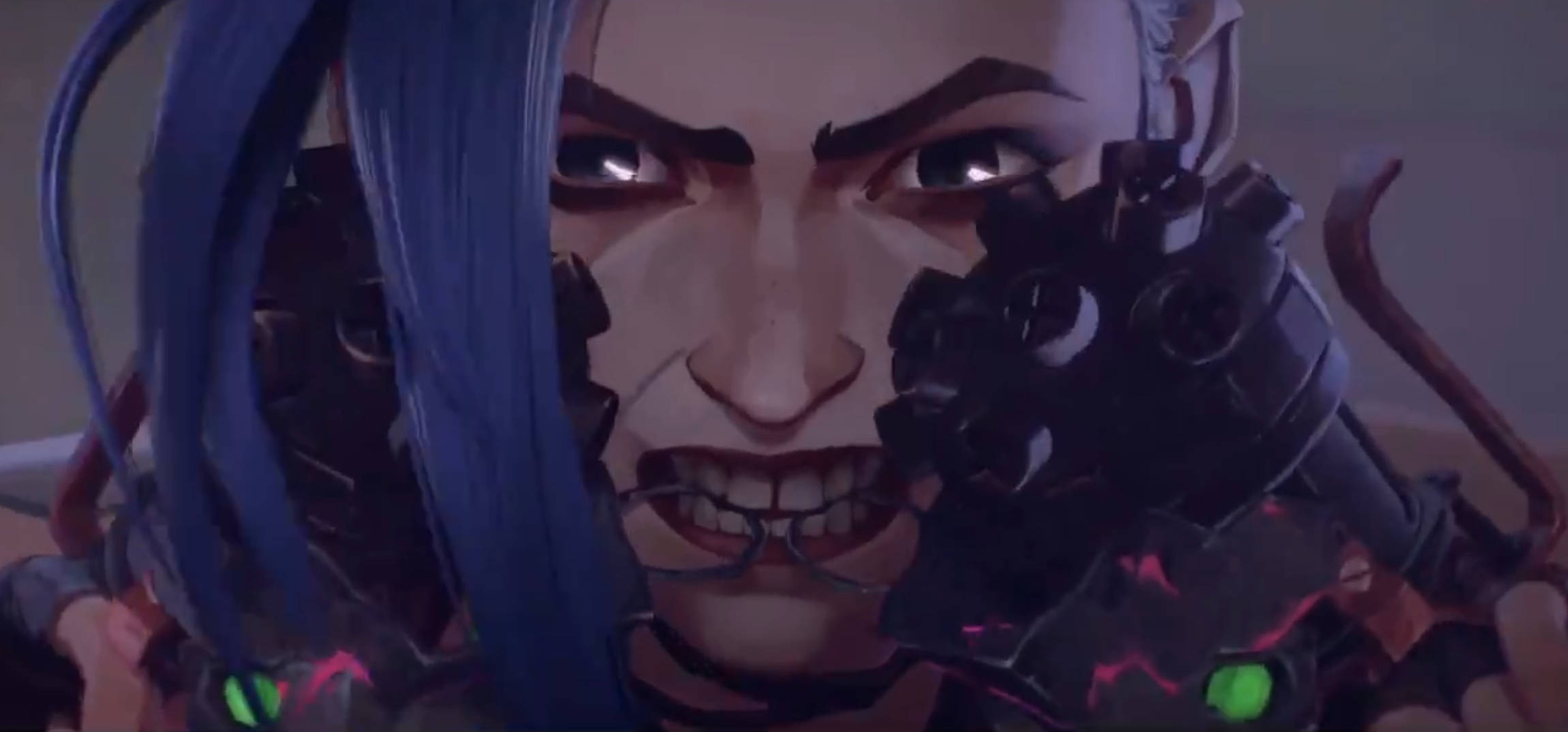 Arcane League Of Legends, blue hair, cybernetic face, Full HD Desktop Wallpaper