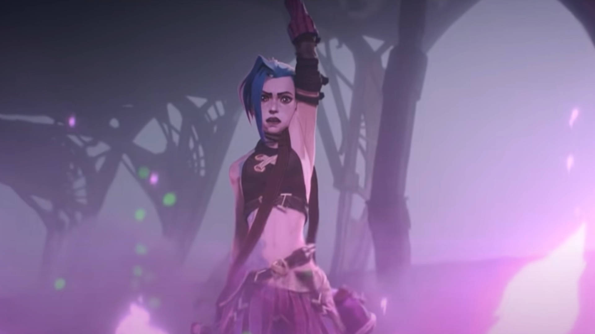 Arcane League Of Legends, blue hair, glowing purple particles, Full HD Desktop Wallpaper