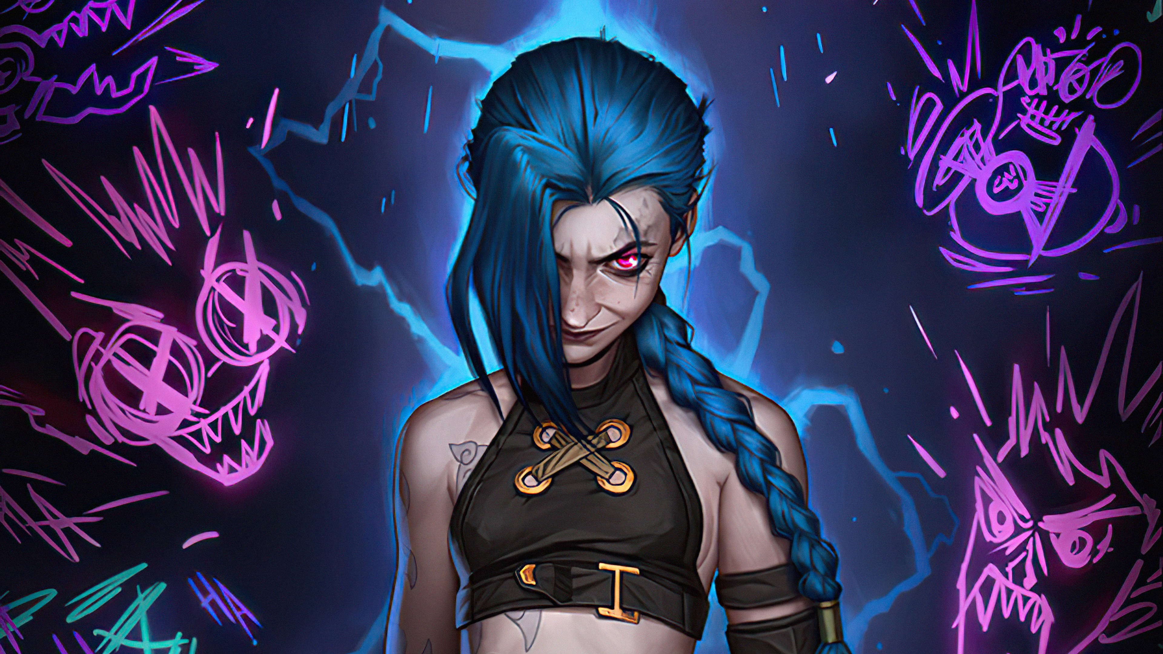 Arcane League Of Legends, blue hair, red eyes, 4K Desktop Wallpaper