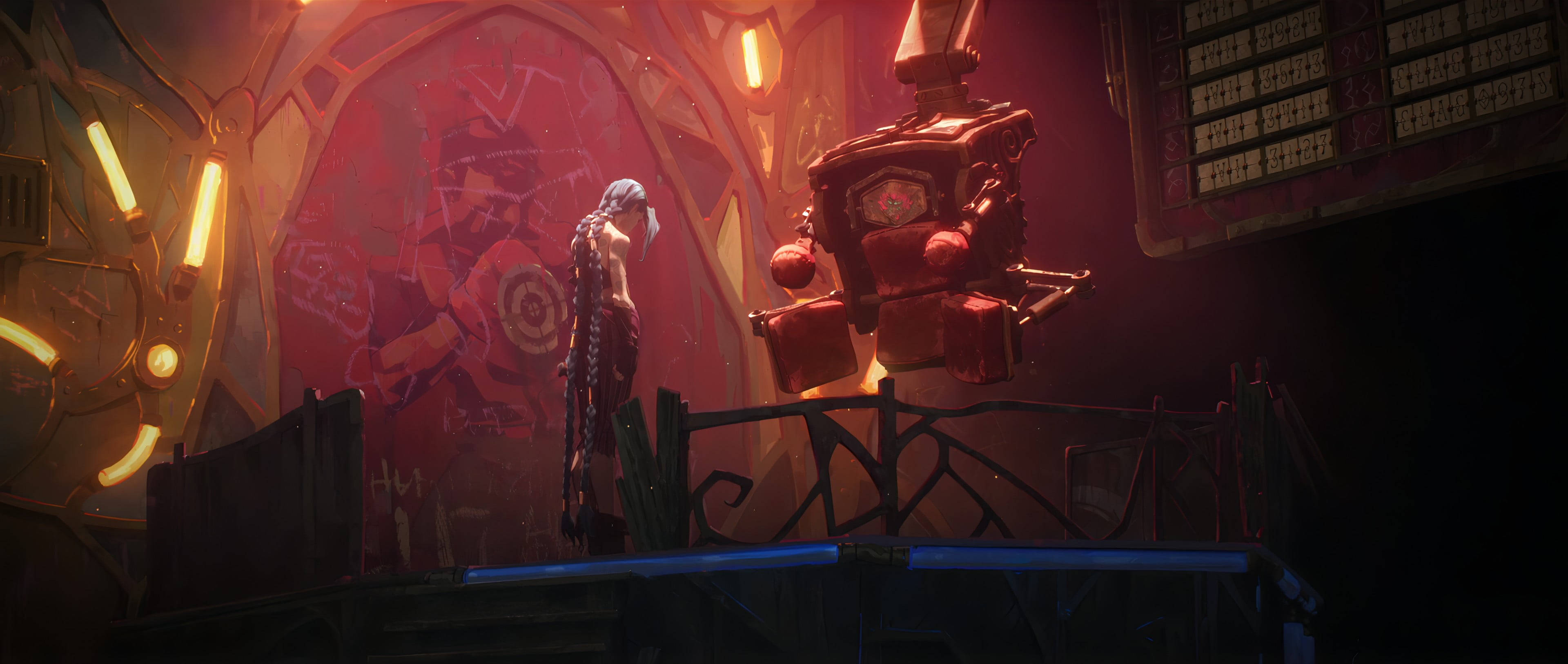 Arcane League Of Legends, silver-haired anime girl, floating red robot, 4K Desktop Wallpaper