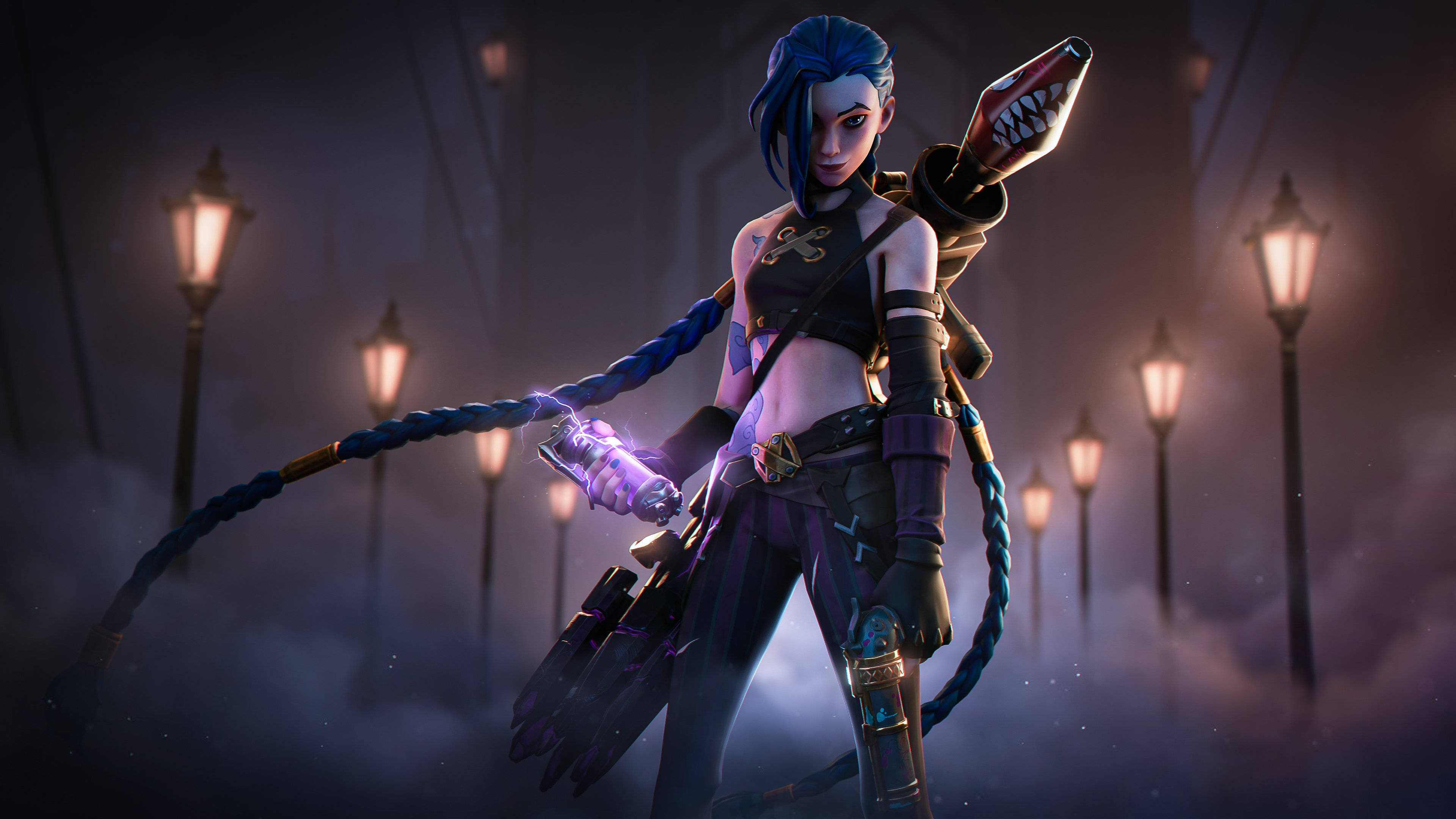 Arcane League Of Legends, blue braided hair, glowing whip, 4K Desktop Wallpaper