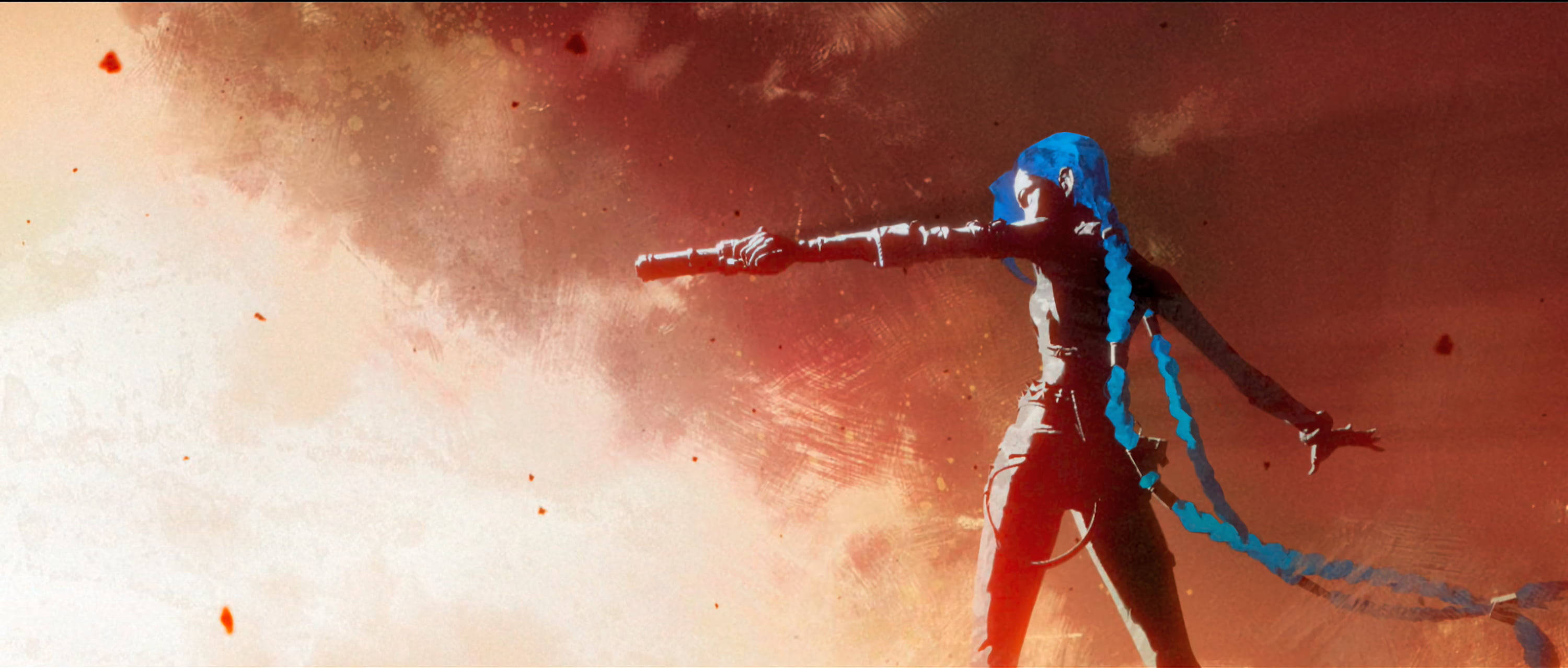 Arcane League Of Legends, blue-haired anime warrior, fiery orange and red sky, 2K Desktop Wallpaper