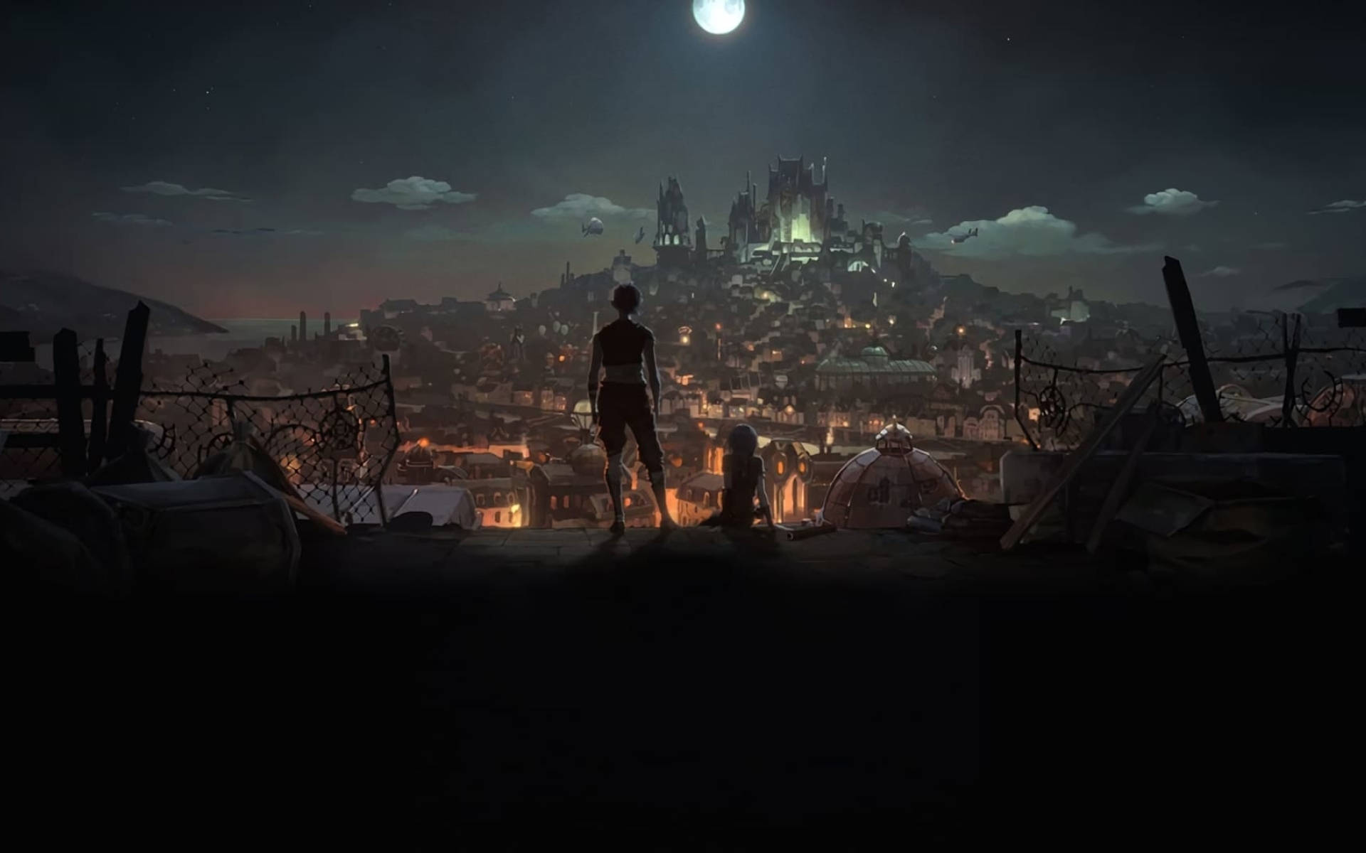 Arcane League Of Legends, rooftop, moonlit fantasy city, Full HD Desktop Wallpaper