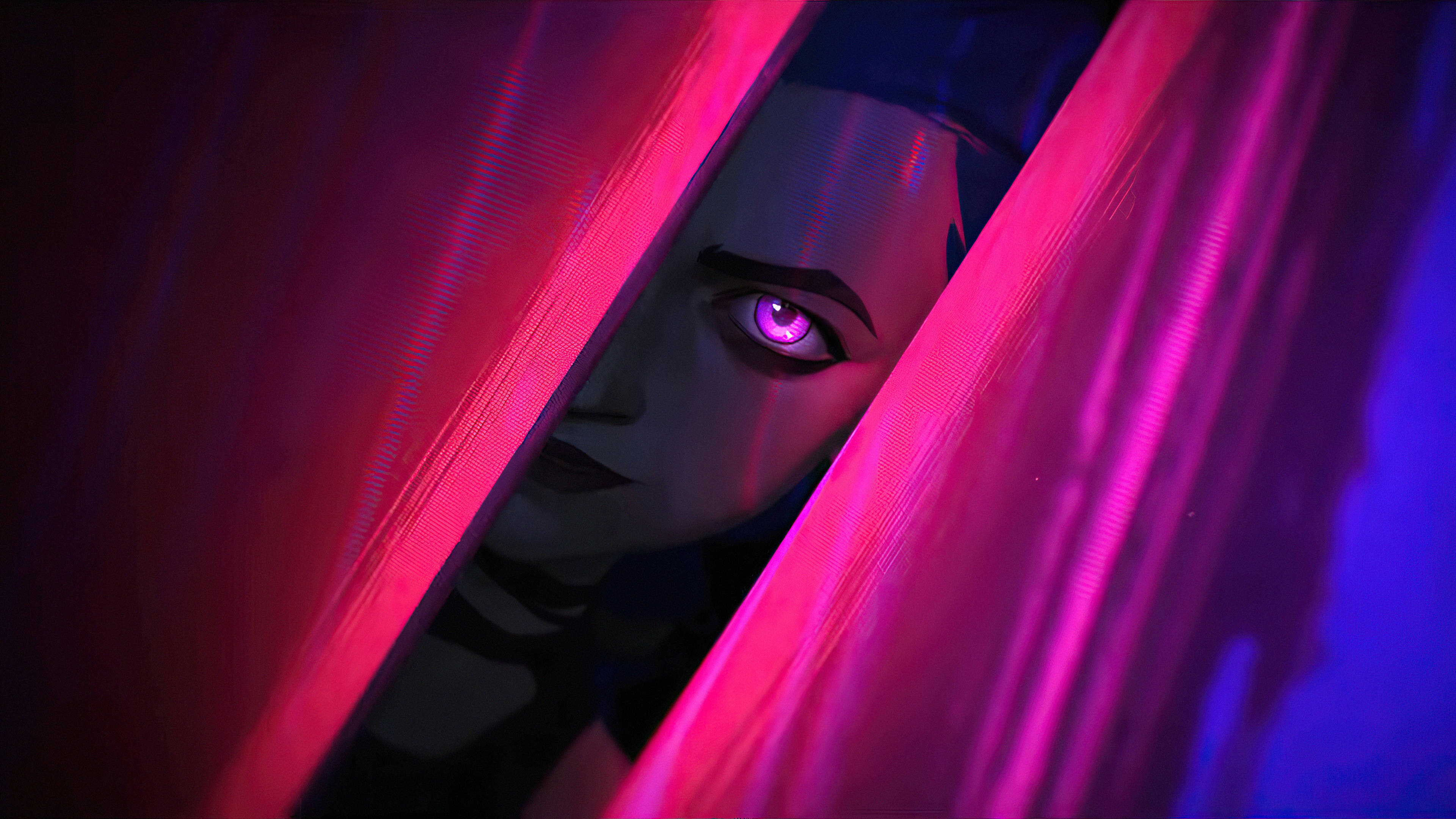 Arcane League Of Legends, glowing purple eyes, vibrant pink and blue curtains, 4K Desktop Wallpaper
