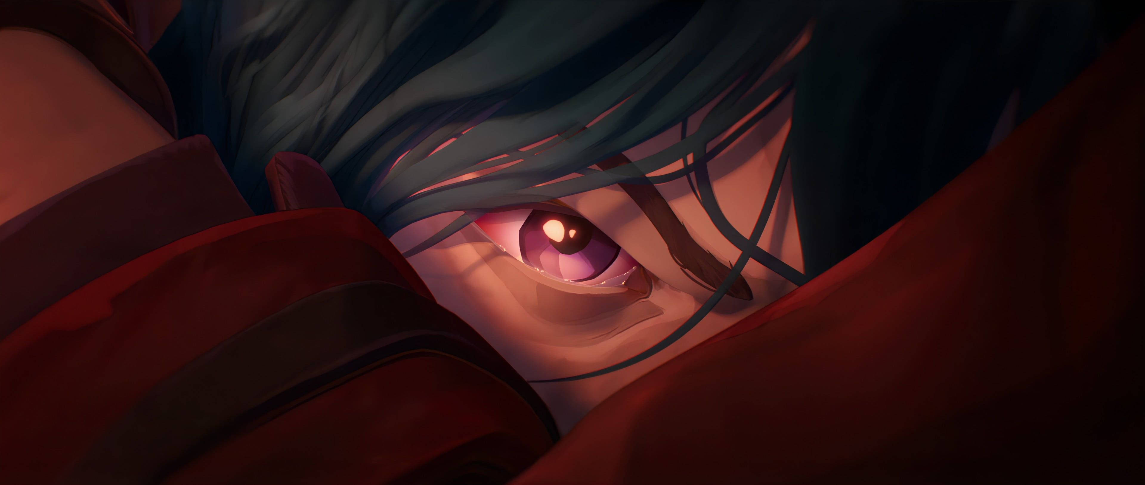 Arcane League Of Legends, glowing purple eye, dark teal hair, 4K Desktop Wallpaper