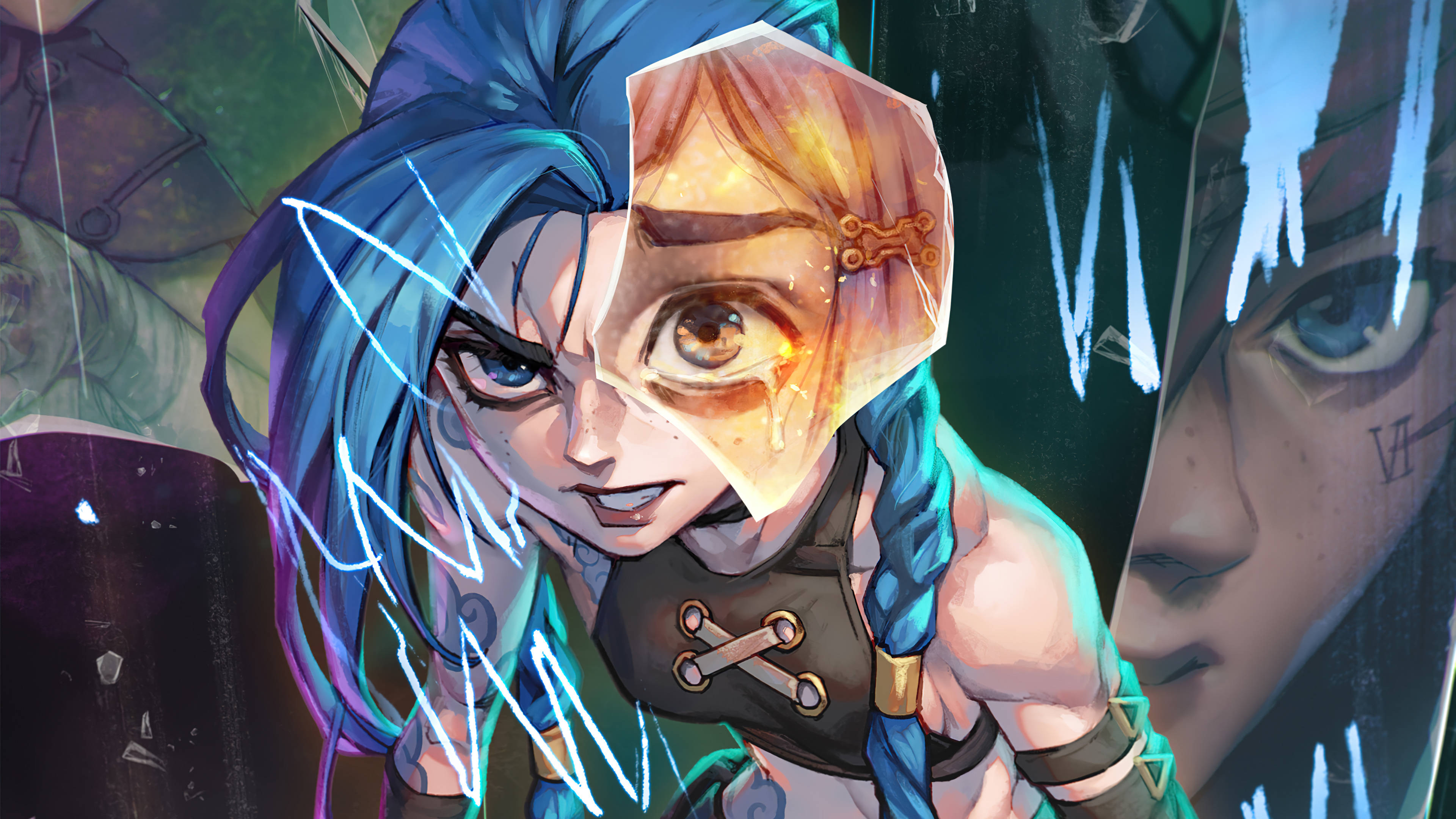 Arcane League Of Legends, blue hair, cracked face mask, 4K Desktop Wallpaper