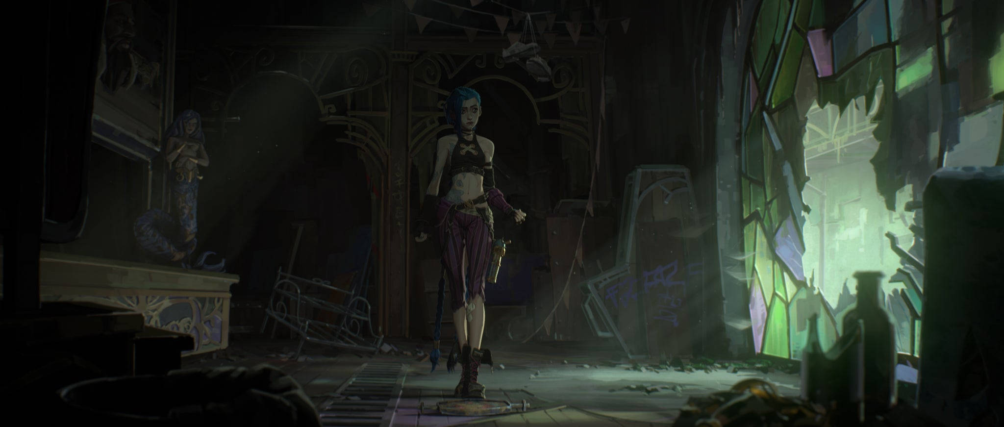 Arcane League Of Legends, blue-haired warrior, dimly lit, Full HD Desktop Wallpaper