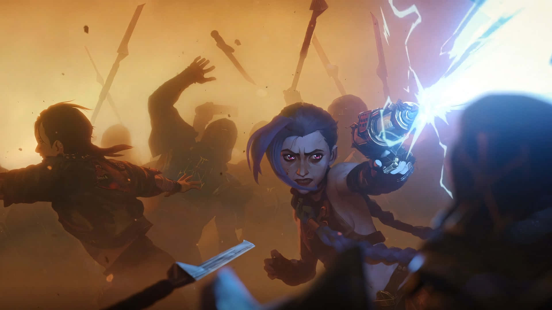 Arcane Season 2, purple hair, glowing blue energy weapon, Full HD Desktop Wallpaper