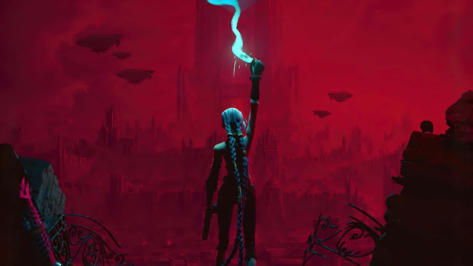 Arcane Season 2, lightning scene, glowing blue staff, Full HD Desktop Wallpaper