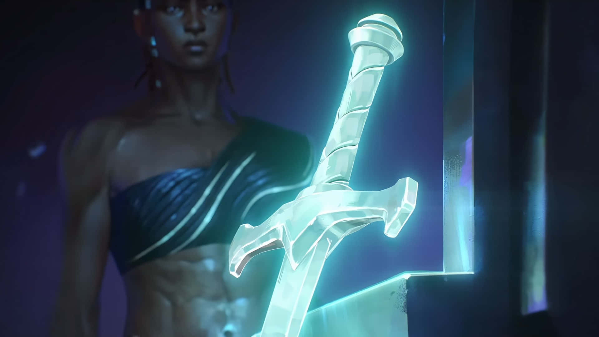 Arcane Season 2, glowing translucent sword, pedestal, Full HD Desktop Wallpaper