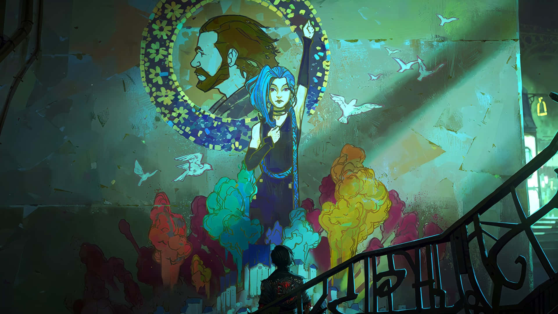 Arcane Season 2, mural, blue-haired figure, Full HD Desktop Wallpaper