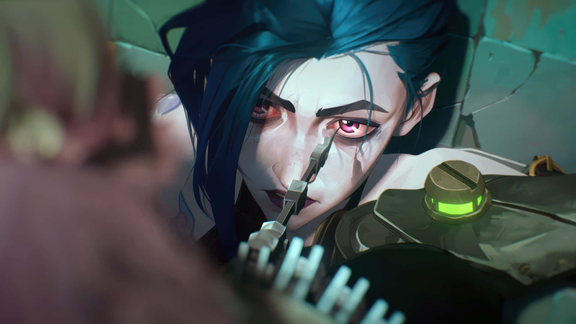 Arcane Season 2, blue-haired anime character, red eyes, Full HD Desktop Wallpaper