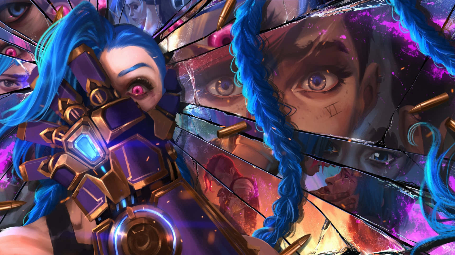 Arcane Season 2, blue braids, glowing purple armor, Full HD Desktop Wallpaper