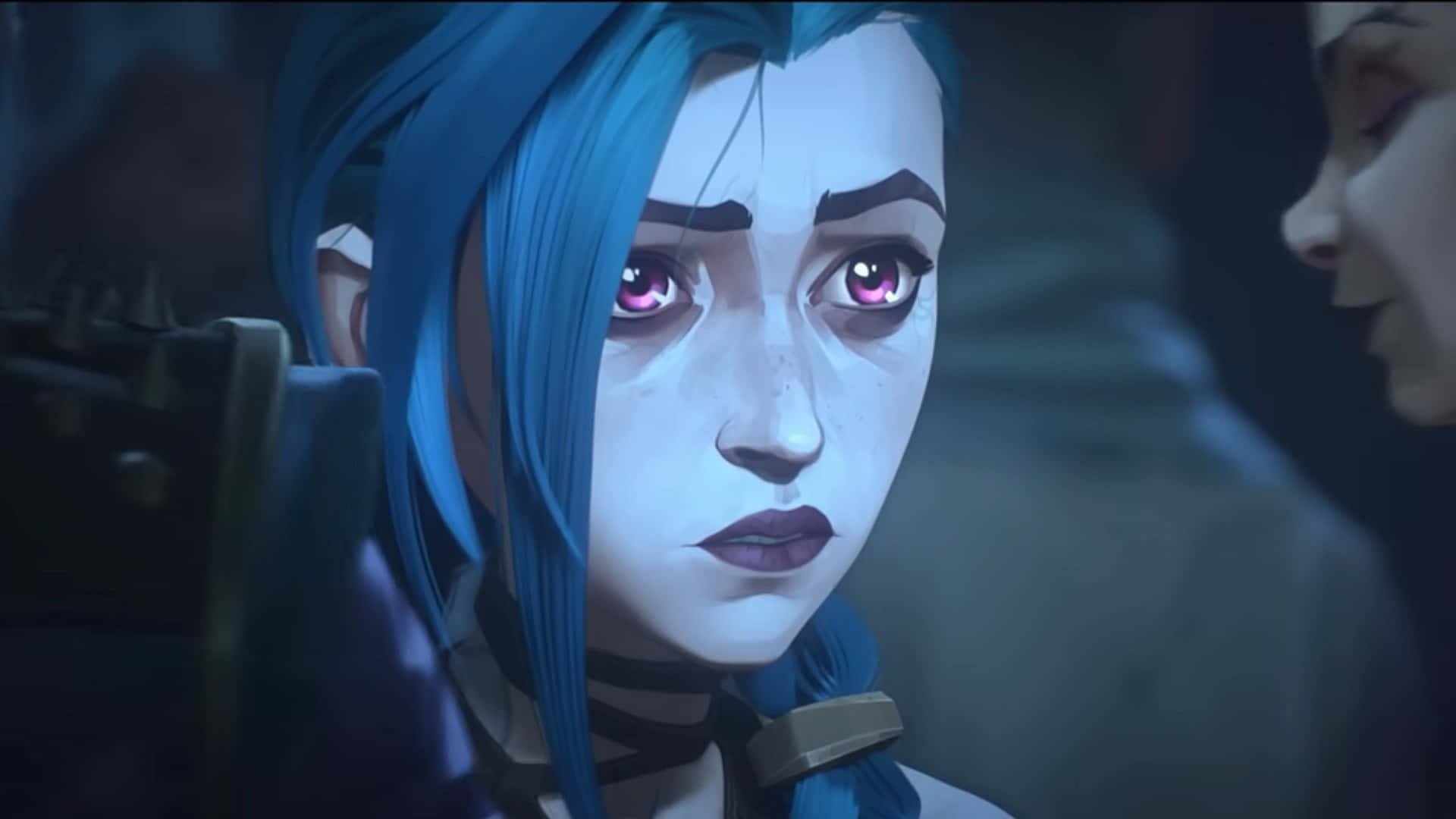 Arcane Season 2, blue-haired animated character, glowing pink eyes, Full HD Desktop Wallpaper