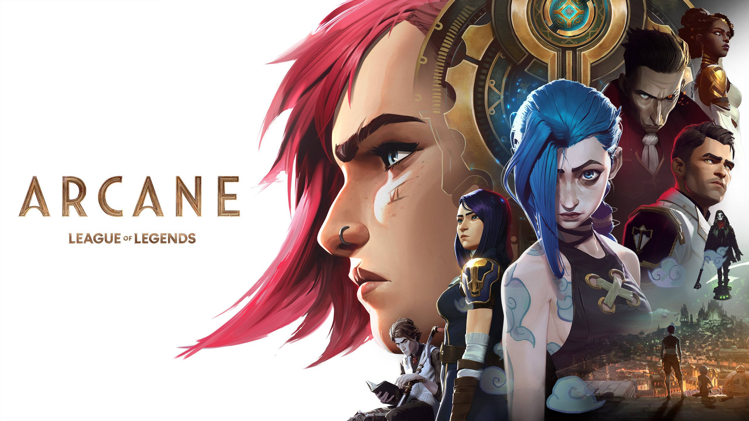Arcane, red and blue hair, stylized characters, 2K Desktop Wallpaper