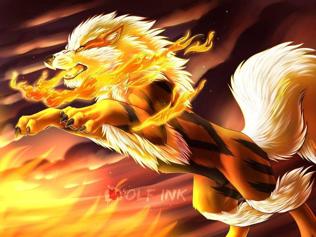 Arcanine, fiery orange flames, smoky sunset sky, SD Desktop Wallpaper
