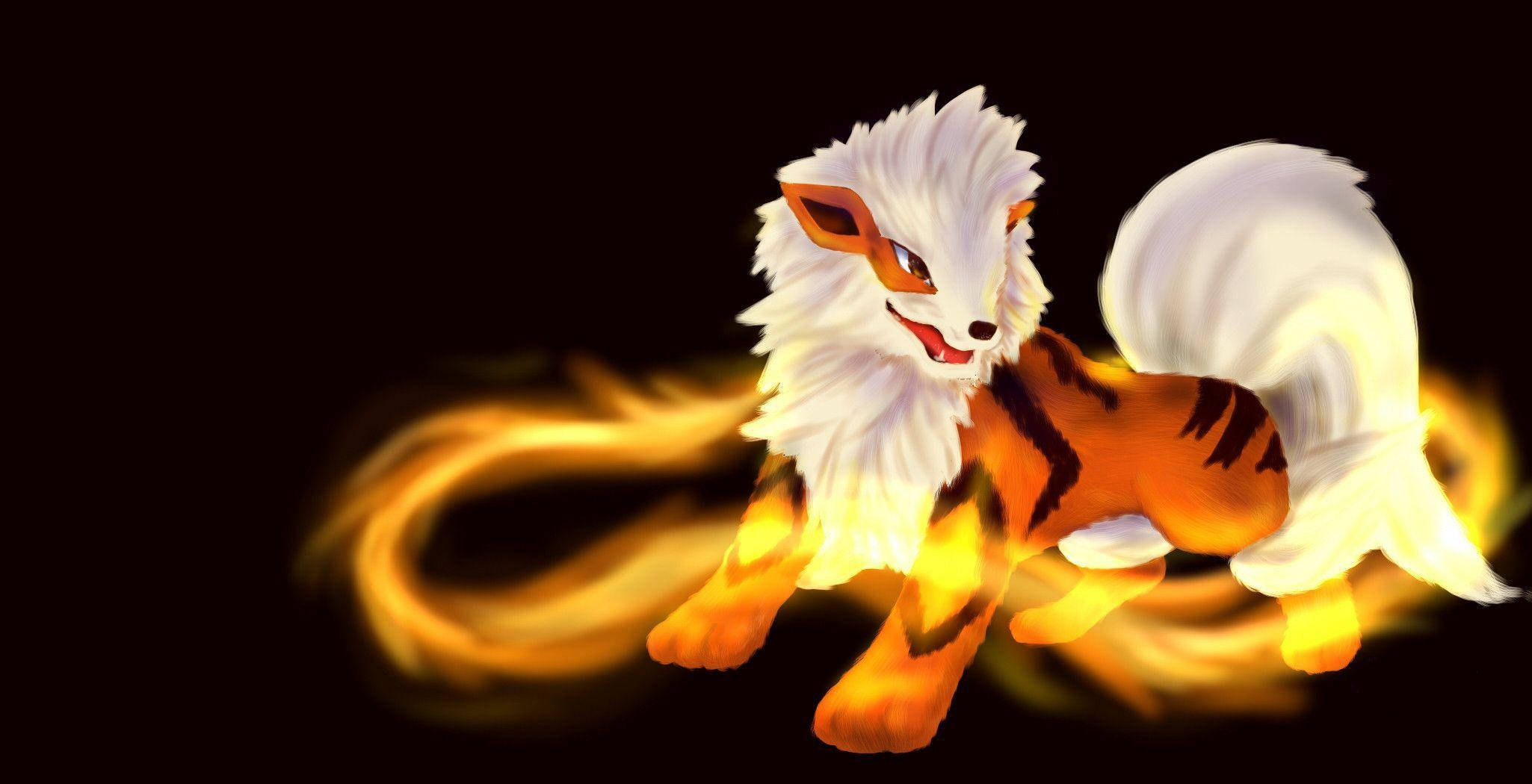 Arcanine, fiery fox-like creature, white fur, Full HD Desktop Wallpaper