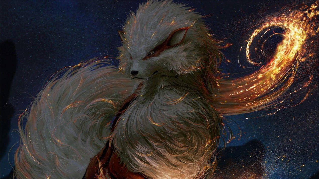 Arcanine, nine-tailed fox, glowing amber eyes, HD Desktop Wallpaper