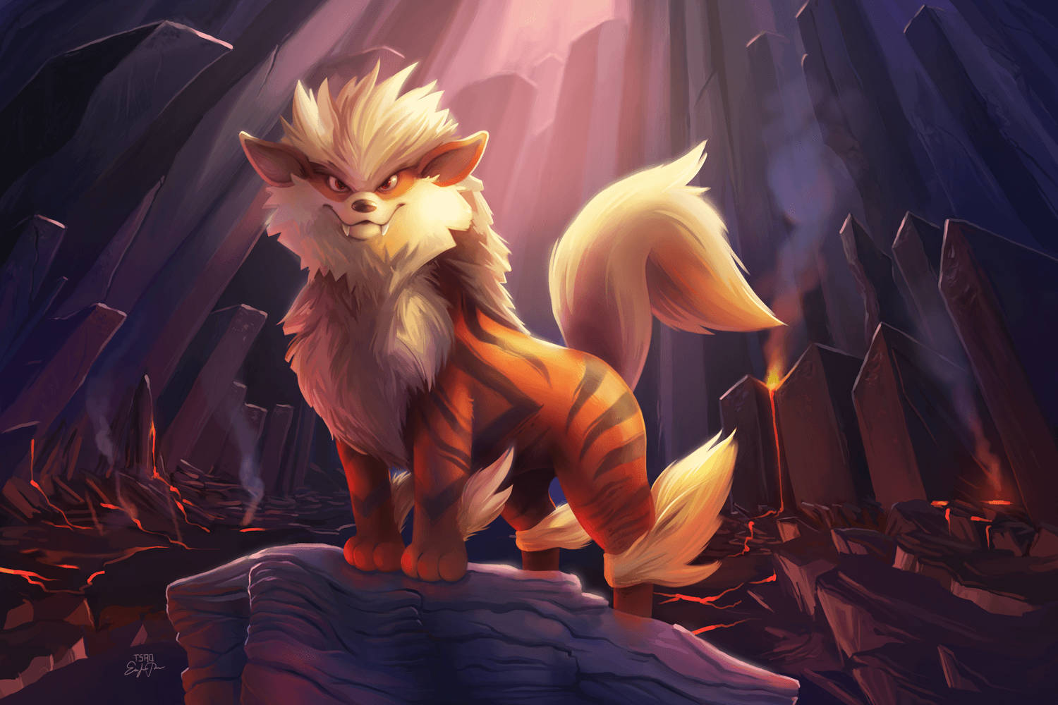 Arcanine, rocky outcrop, dark cavern, HD Desktop Wallpaper