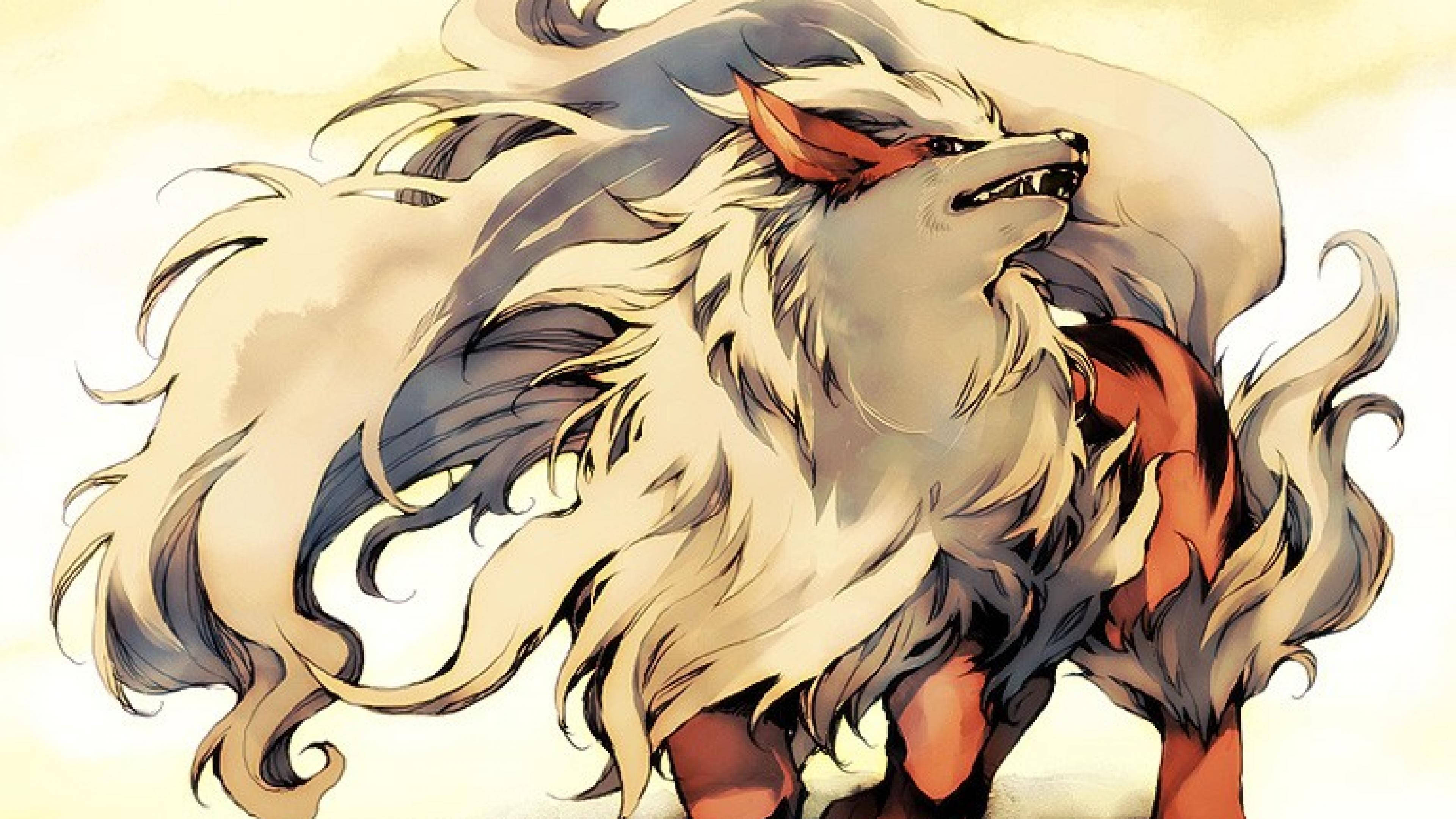 Arcanine, nine-tailed fox, white and orange fur, 4K Desktop Wallpaper