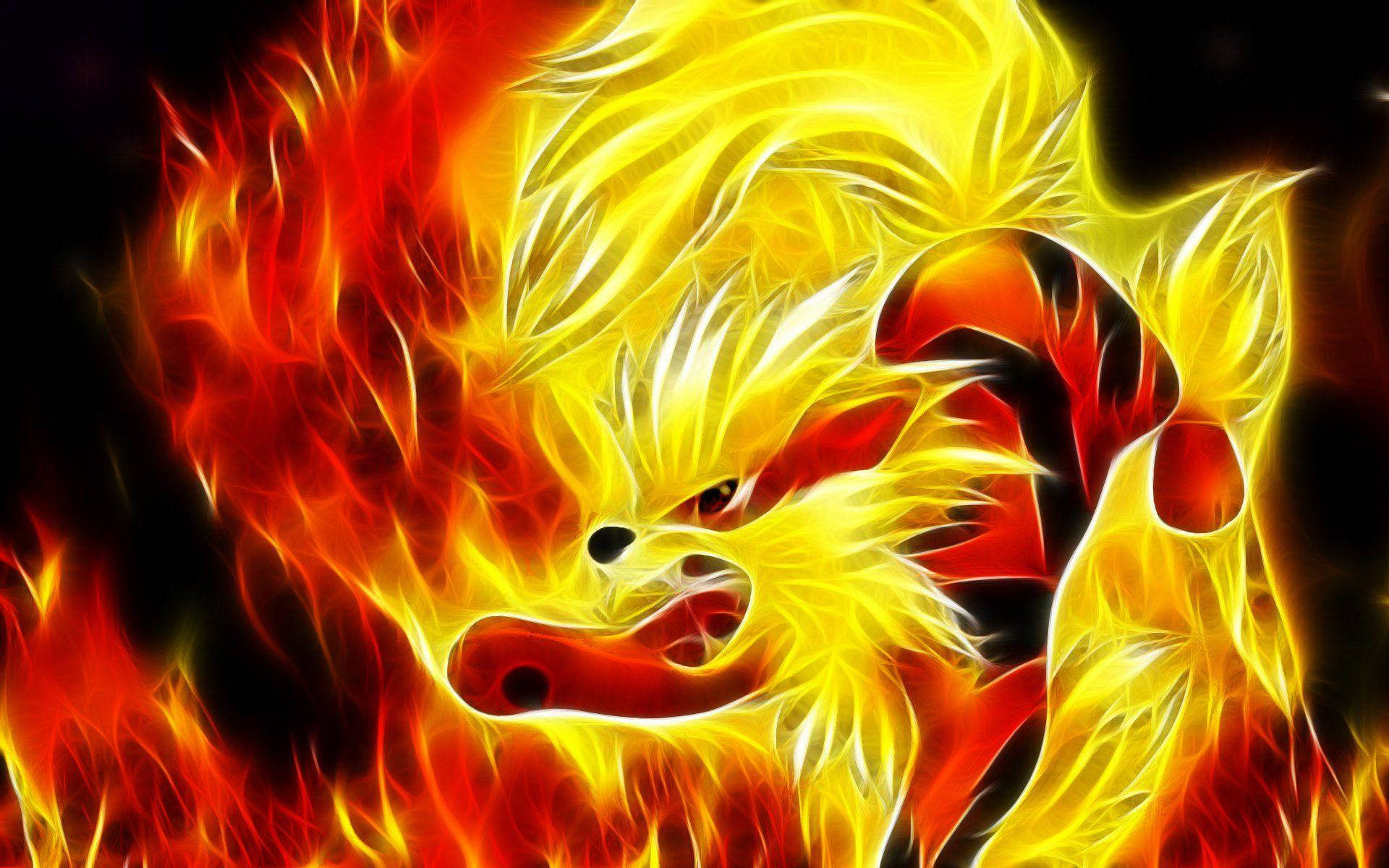 Arcanine, flaming tongue, fiery fox-like creature, Full HD Desktop Wallpaper