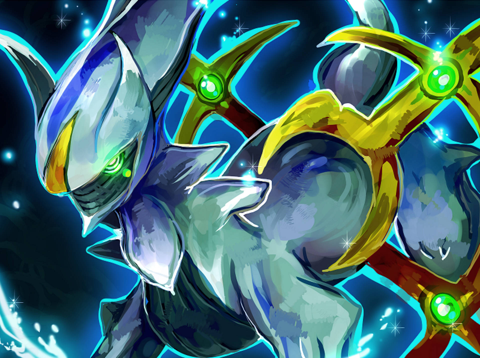 Arceus, glowing green eyes, electric blue outlines, Full HD Desktop Wallpaper