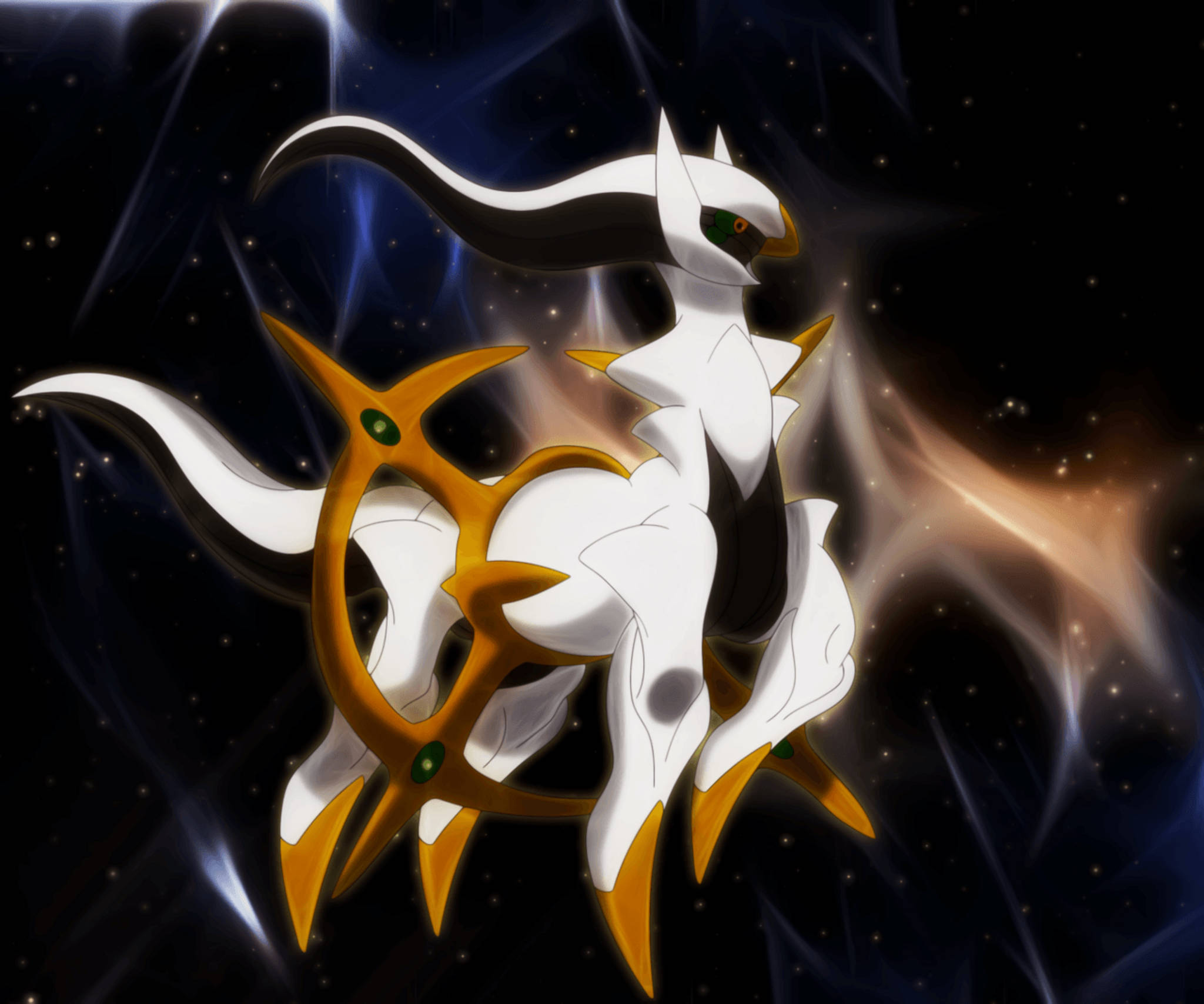 Arceus, white and gold anime creature, flowing black mane, Full HD Desktop Wallpaper