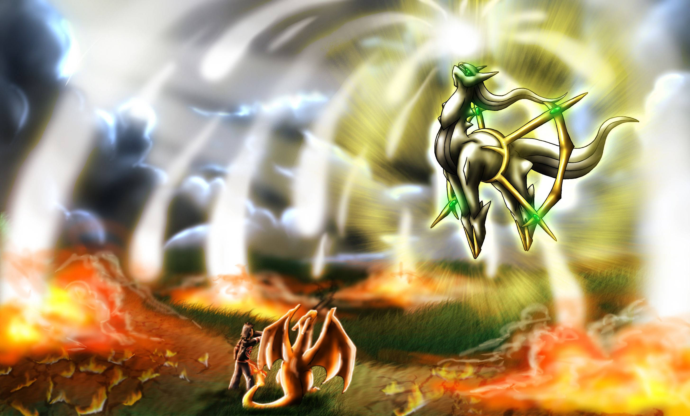 Arceus, glowing golden dragon, fiery battlefield, 2K Desktop Wallpaper